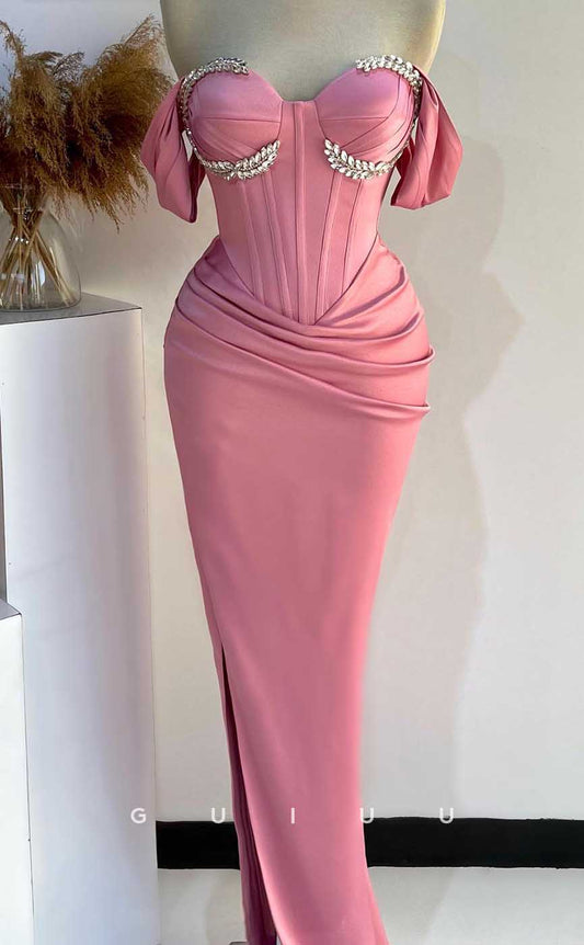 G4547 -  Chic & Modern Mermaid Off-Shoulder Pink Stain Pleats Crystal PromParty Gown