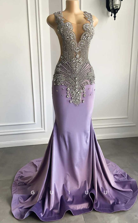 G4587 -  Chic& Modern Mermaid Sleeveless Crystal Purple Velvet Court Train Party Prom Dress