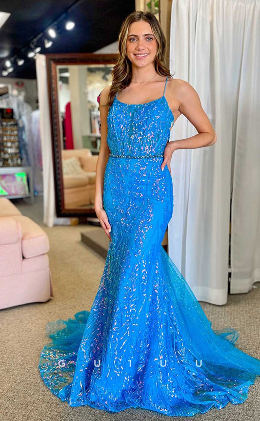 G4549 - Chic & Modern Mermaid Square Straps Sequined Appliques Tulle Prom Party Dress with Train