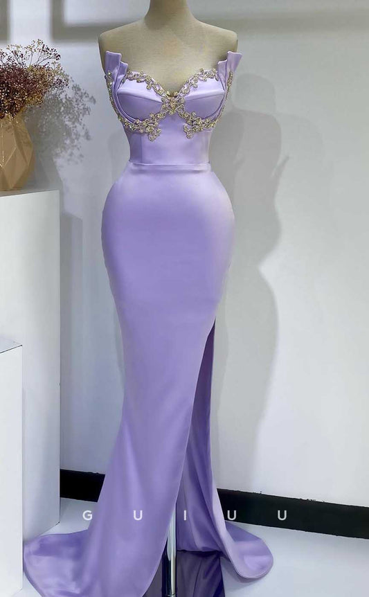 G4544 - Chic & Modern Mermaid Strapless Purple Stain Pleats Crystal Prom Party Dress with Slit and Train