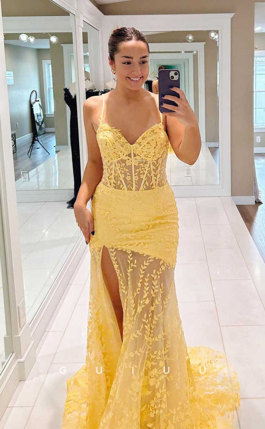 G4576 - Chic & Modern Mermaid Strapless Sleeveless Lace Appliques High Side Slit Prom Dress with Train