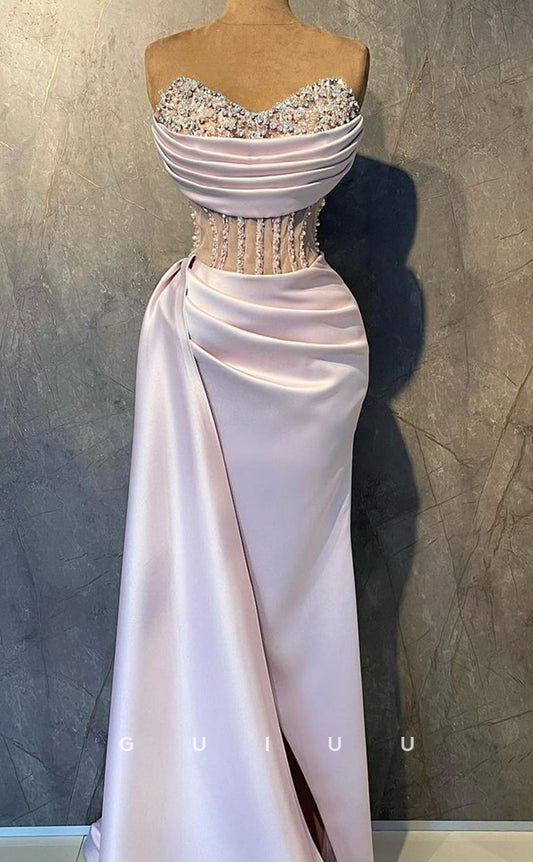 G3862 - Chic & Modern Mermaid Strapless Sleeveless Pleated Pink Long Prom Dress