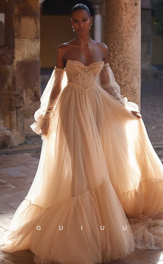 GW844 -  Chic & Modern A-Line Off-Shoulder Long Sleeves Pleats Beach Wedding Dress