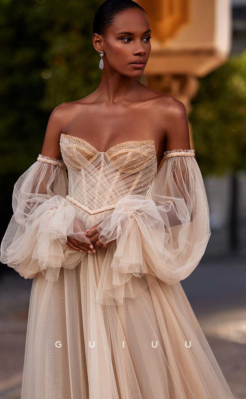 GW844 -  Chic & Modern A-Line Off-Shoulder Long Sleeves Pleats Beach Wedding Dress