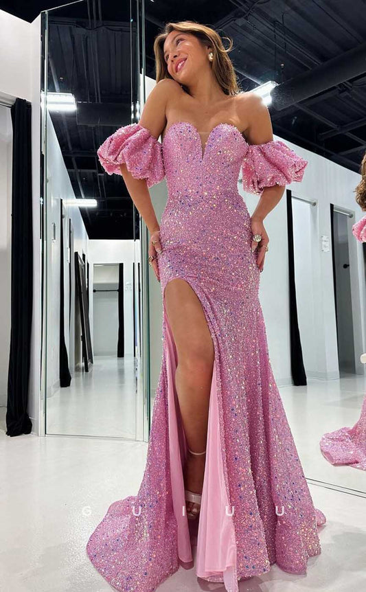 G4441 - Chic & Modern Pink Column Off-Shoulder Allover Beaded Long Prom Party Dresss with Slit