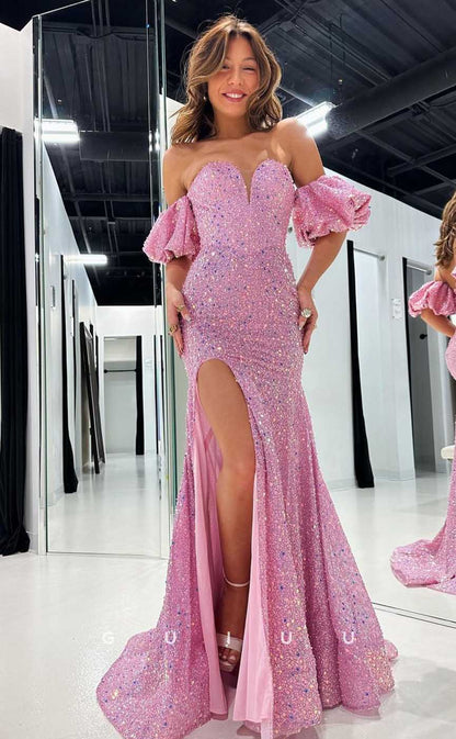 G4441 - Chic & Modern Pink Column Off-Shoulder Allover Beaded Long Prom Party Dresss with Slit