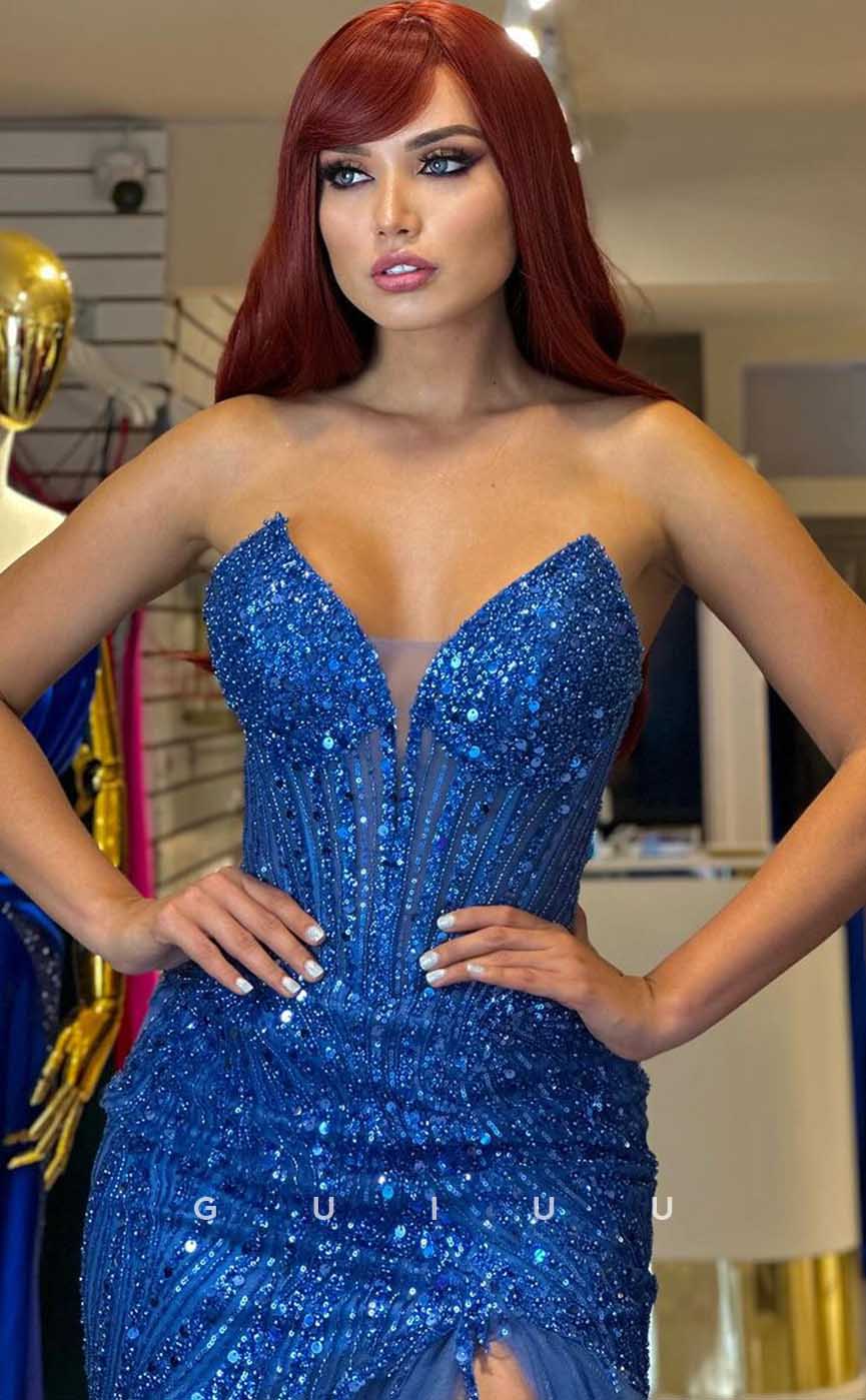 G4458 - Chic & Modern Sheath Blue Sequins Tulle Long Prom Gown with Slit