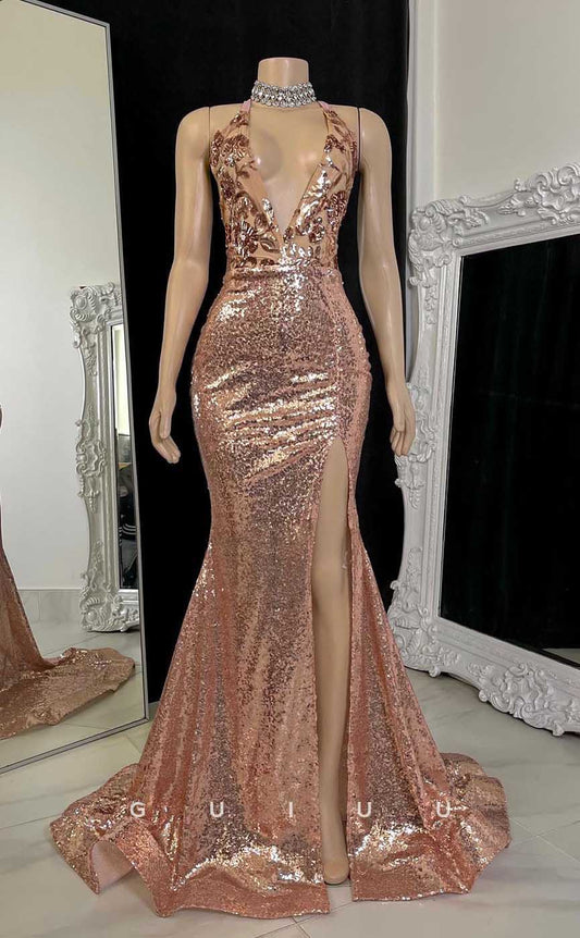 G4560 - Chic & Modern Sheath Deep V Neck Halter Appliques and Sequined Crisss-Cross Up Prom Party Dress with Slit and Train