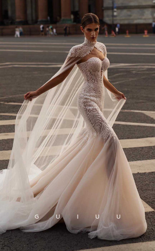 GW871 -  Chic & Modern Strapless Sequined Appliques Mermaid Wedding Dress with Train ang Wrap