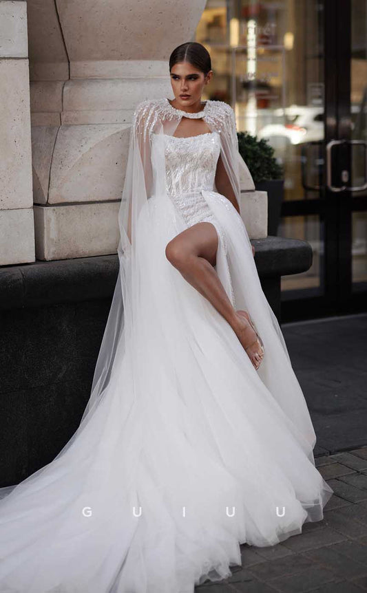 GW873 -  Chic & Modern Strapless Sleeveless Sequined High Side Slit Wedding Dress with Wrap and Train