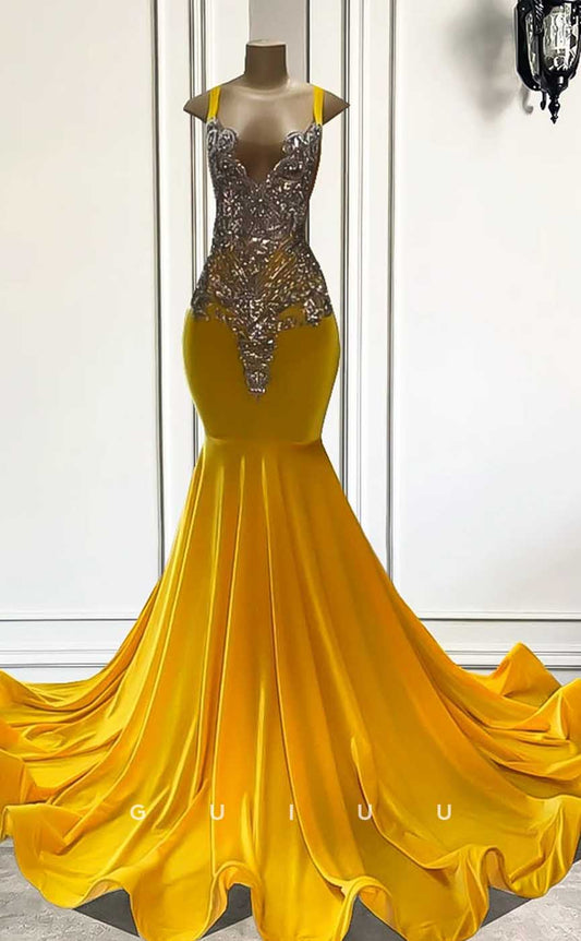 G4589 - Chic & Modern Straps Sleeveless Crystal Yellow Velvet Court Train Prom Party Dresss