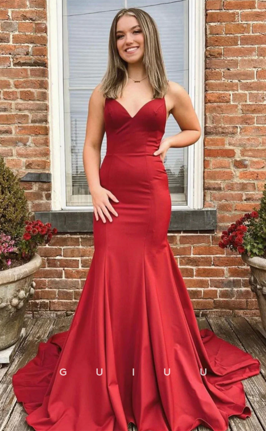 G4648 - Chic & Modern V Neck Straps Backless Red Stain Prom Party Formal Gown with Train and Bowknot