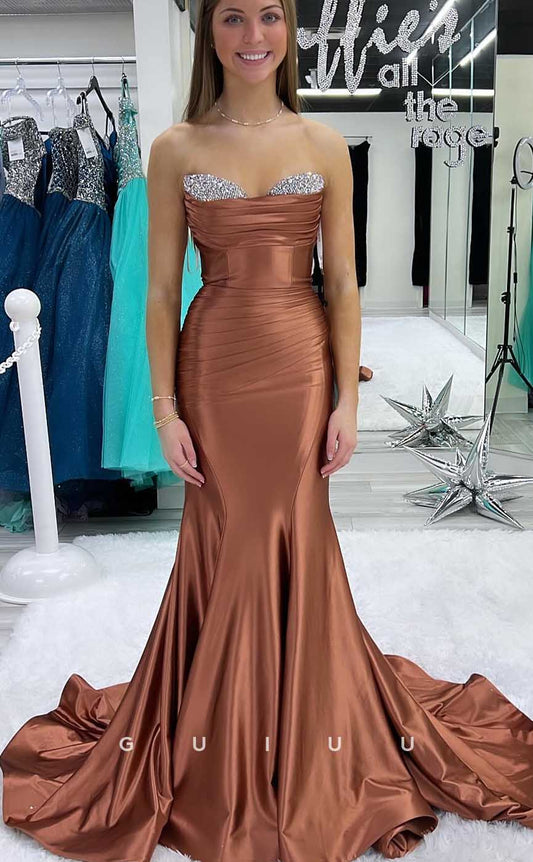 G4527 - Chic & Modern Strapless Sleeveless Crystal Pleats Prom Formal Dresss with Train