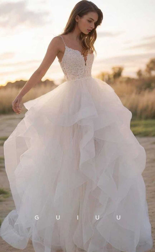 GW915 -  Chic & modern A-Line V-neck Criss-Cross Straps Sweep Train Tulle Tiered Wedding Dress