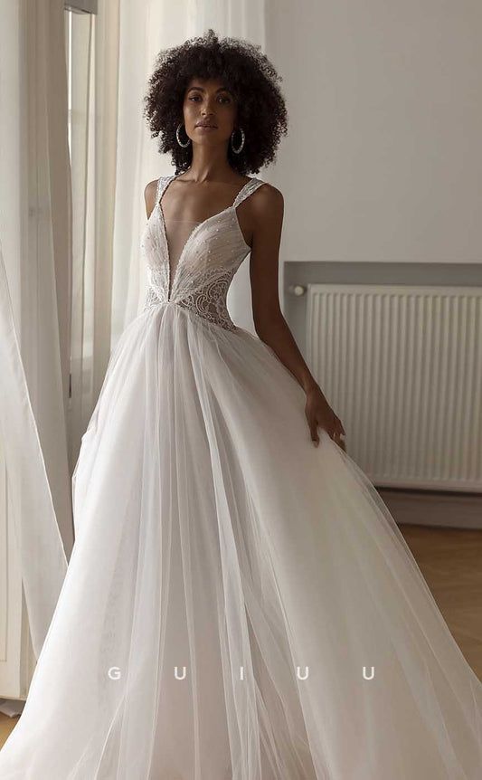 GW892 - Classic A-Line V Neck Strapless Sleeveless Pearls Appliques Boho Beach Wedding Dress