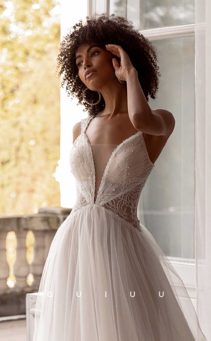 GW892 - Classic A-Line V Neck Strapless Sleeveless Pearls Appliques Boho Beach Wedding Dress