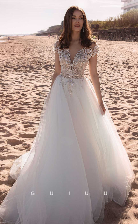GW896 - Classic A-line Off-Shoulder Appliques Pearls Boho Beach Wedding Dress