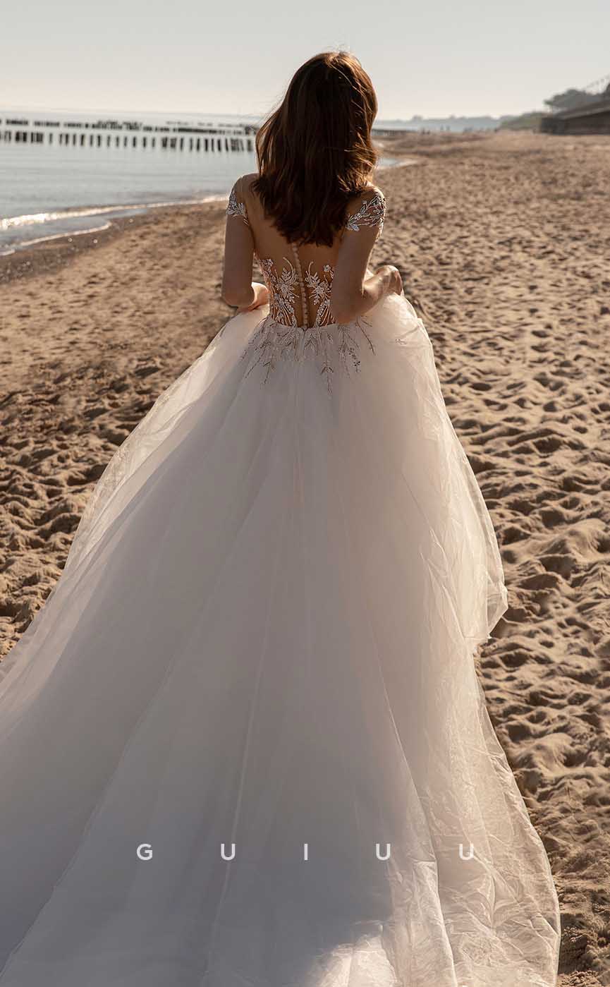 GW896 - Classic A-line Off-Shoulder Appliques Pearls Boho Beach Wedding Dress