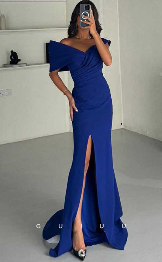 G4518 - Classic Colum Off-Shoulder Blue Ruched Stain Formal Prom Dress with Slit