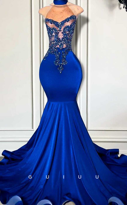 G4592 - Classic Mermaid Illsion Sleeveless Appliques Beaded Blue Velvet Court Train Formal Prom Gown