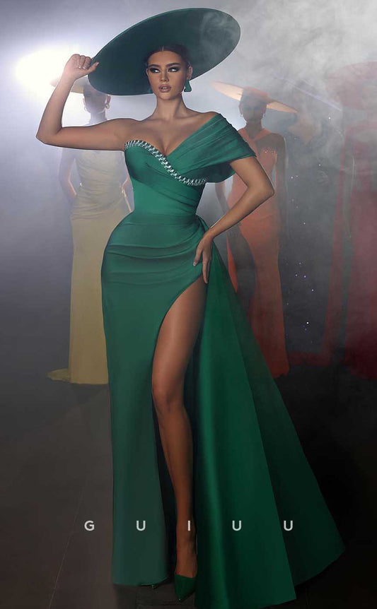 G4616 - Classic Mermaid Sheath One Shoulder Green Stain Pleats Prom Formal Dress with Slit