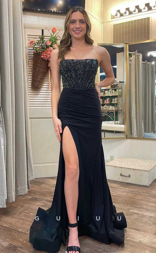 G4485 -Classic & Glamorous Column Sleeveless Black Ruched High Split Shiny Formal Prom Gown