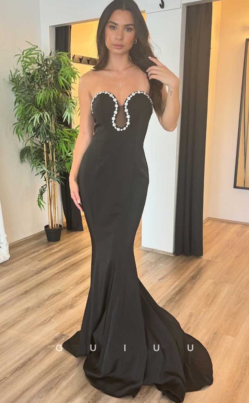 G4455 - Classic & Modern Black Strapless Sleeveless Crystal Prom Evening Gown
