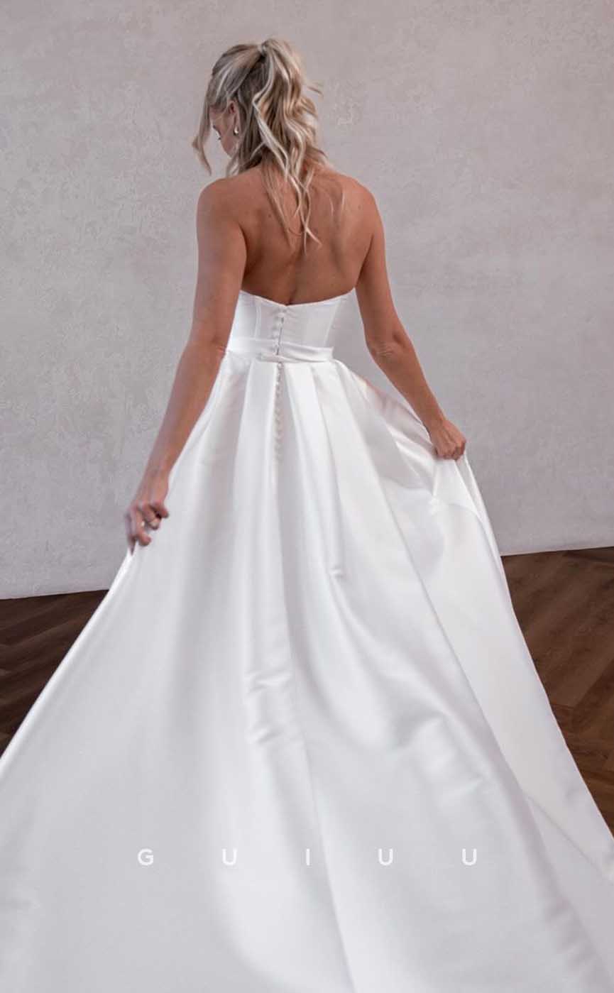 GW878 - Classic & Timeless A-Line Boat Neck High Side Slit Stain Wedding Dress with Detachable Train