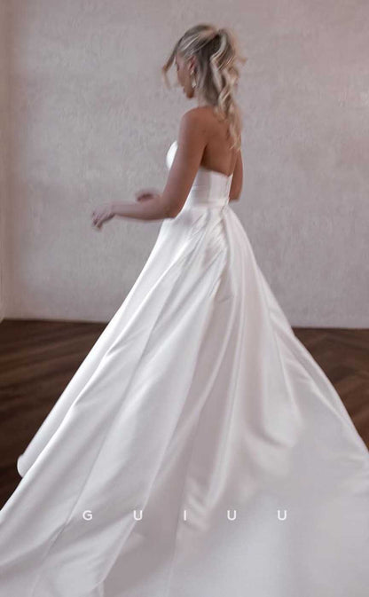 GW878 - Classic & Timeless A-Line Boat Neck High Side Slit Stain Wedding Dress with Detachable Train