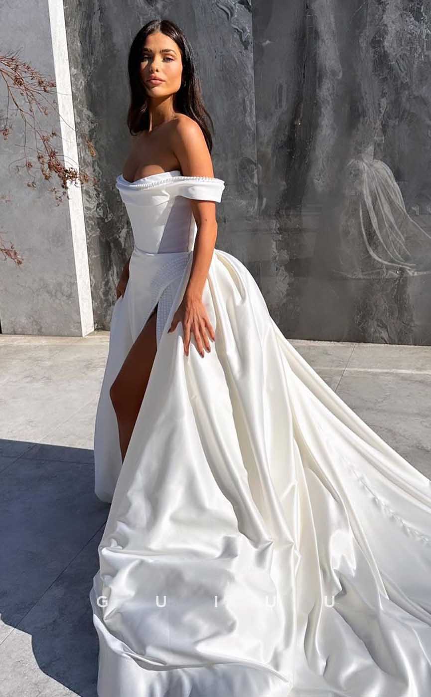 GW874 -  Classic & Timeless  A-Line Off-Shoulder Pearls Stain Wedding Dress