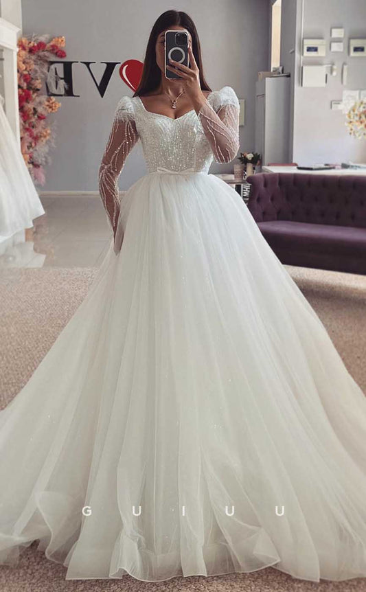 GW815 - Classic & Timeless A-Line Sweetheart Long Sleeves Beaded Court Train Wedding Dress