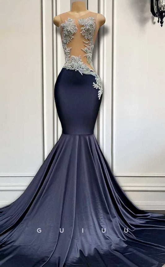 G4580 - Classic & Timeless Mermaid Illsion Appliques SLeeveless  Stain Formal Prom Dress