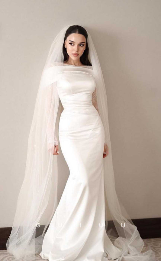 GW830 - Classic & Timeless Off-Shoulder Long Lace Sleeves Stain Mermaid Wedding Dresss