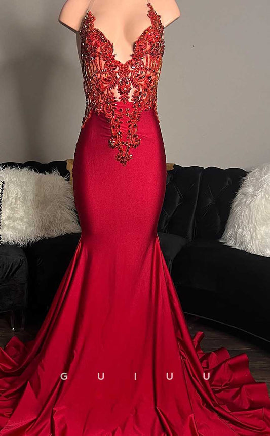 G4577 -  Classic & Timeless V Neck Appliques Beaded Stain Red Prom Evening Dress with Slit