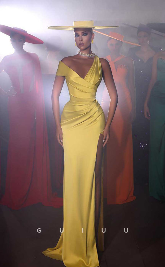 G4606 -  Classic & Timeless V Neck Yellow Stain Pleats Sheath Long Prom Dress