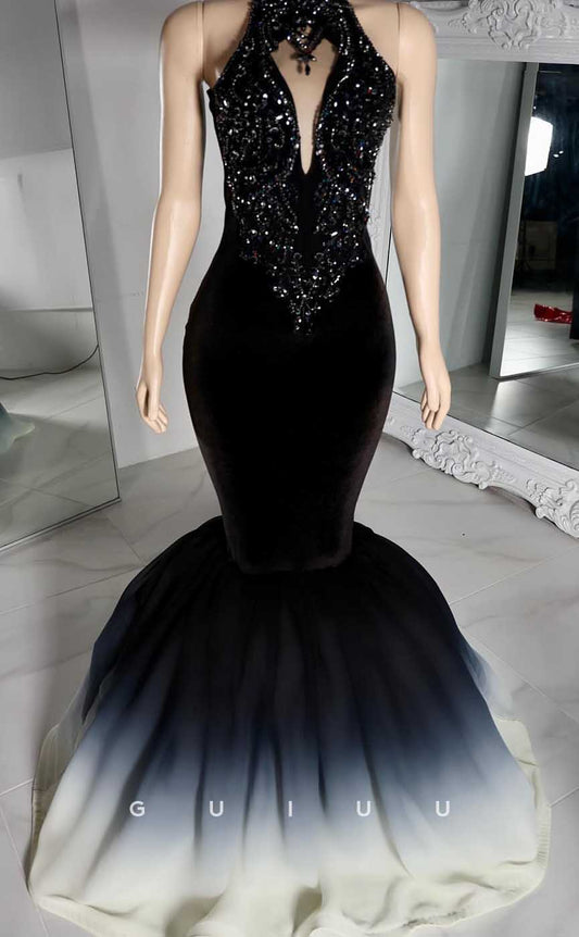 G4568 - Classic &Unique Mermaid High Neck Sleeveless Appliues Beaded Prom Dress with Train