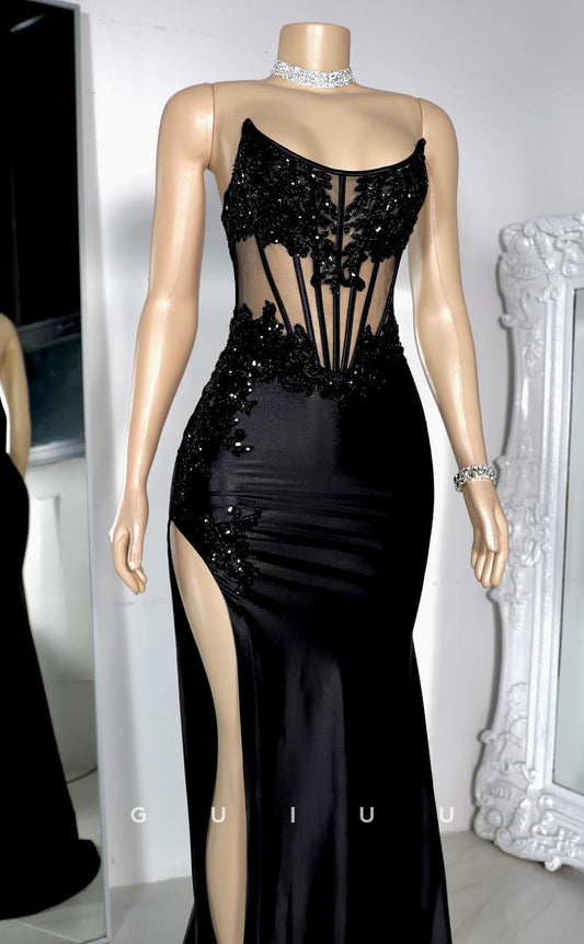 G4124 -Column Boat Neck Sleeveless Appliques Illsion Back Zipper Black Prom Party Dress with Train and Slit