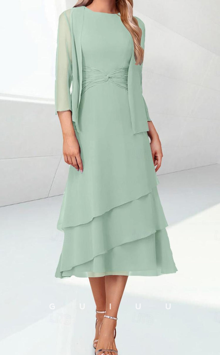 GM079 - Column Scoop Neck 34 Length Sleeves Tea Length Back Zipper Ruffles Chiffon Mother of the Bride Dress Wrap Included
