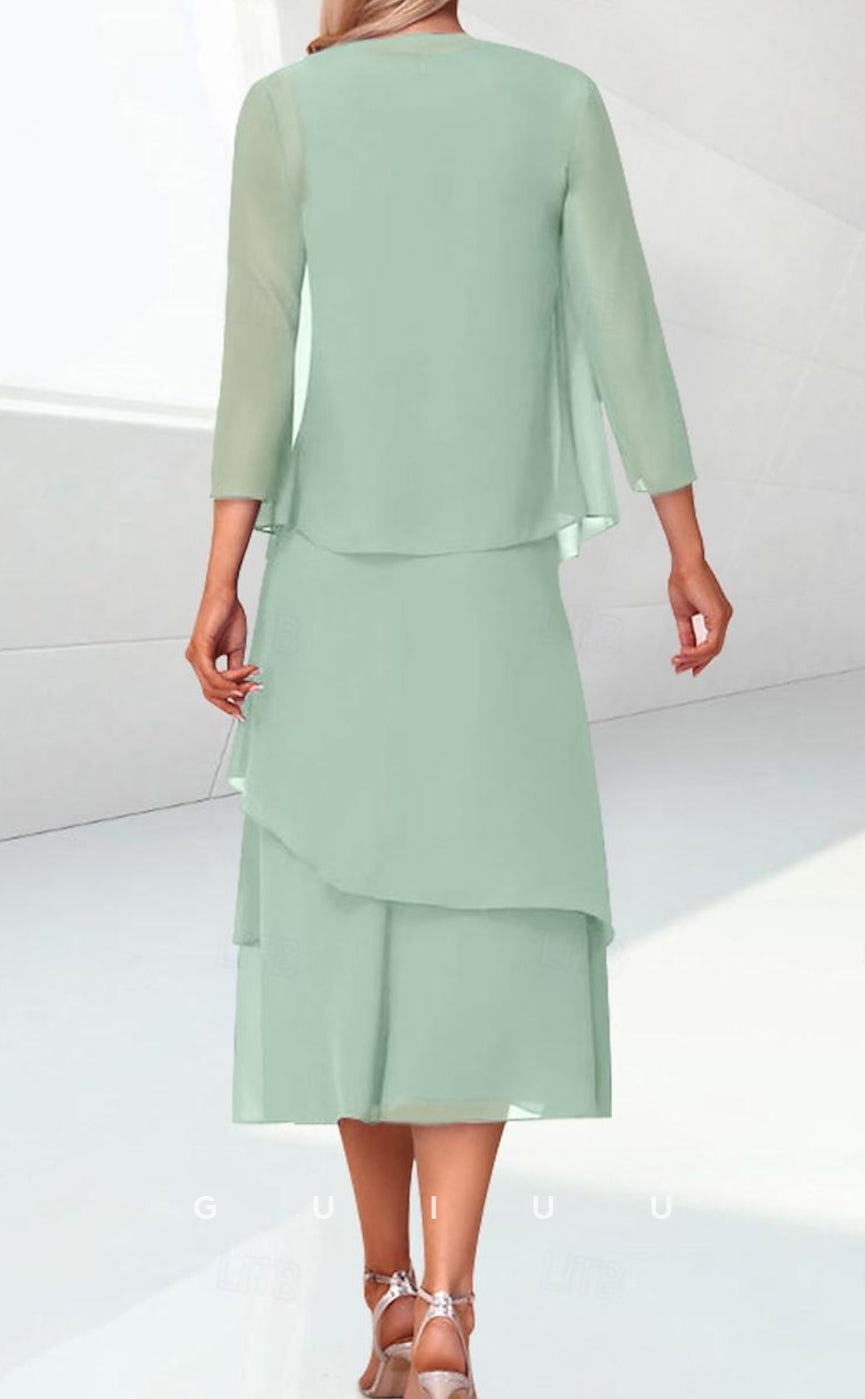 GM079 - Column Scoop Neck 34 Length Sleeves Tea Length Back Zipper Ruffles Chiffon Mother of the Bride Dress Wrap Included