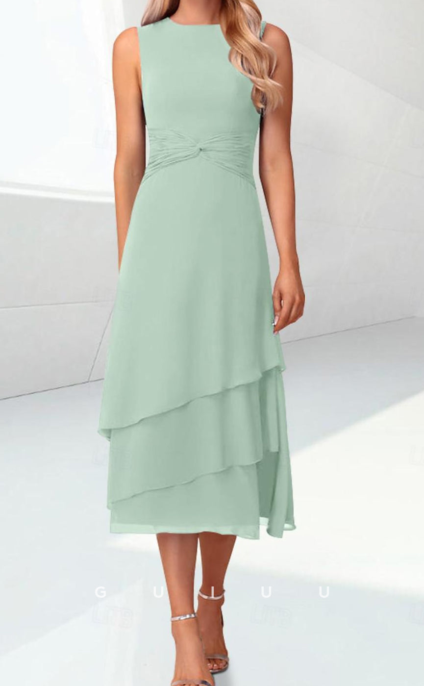 GM079 - Column Scoop Neck 34 Length Sleeves Tea Length Back Zipper Ruffles Chiffon Mother of the Bride Dress Wrap Included