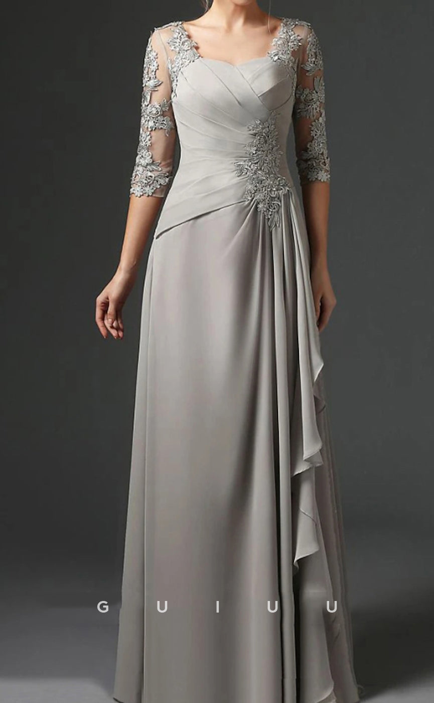 GM006 - Column Scoop Neck 34 Sleeve Appliques Floor Length Back Zipper Chiffon Formal Mother of the Bride Dress with Ruffles