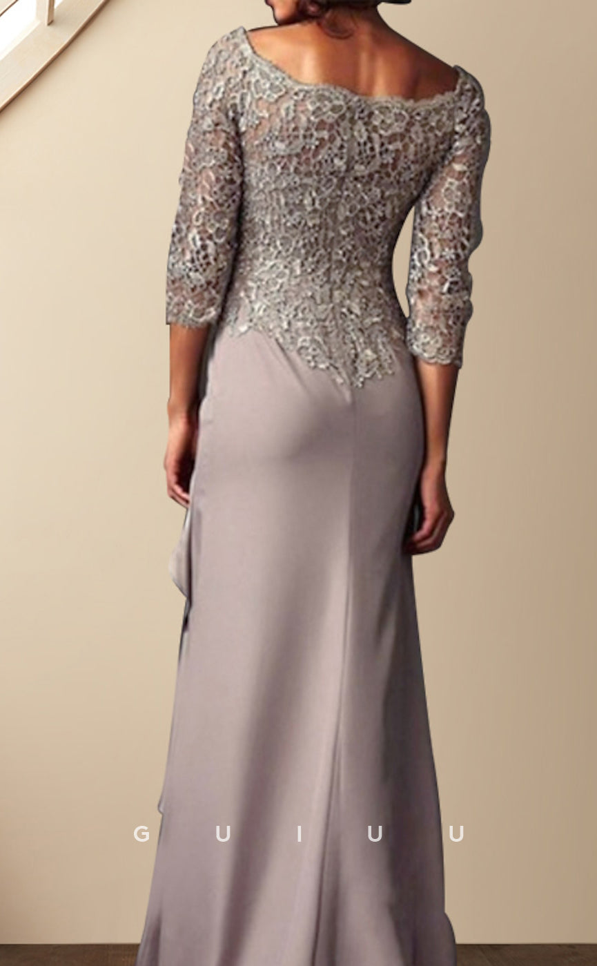 GM005 - Column Scoop Neck 34 Sleeve Appliques Floor Length Chiffon Formal Mother of the Bride Dress with Ruffles