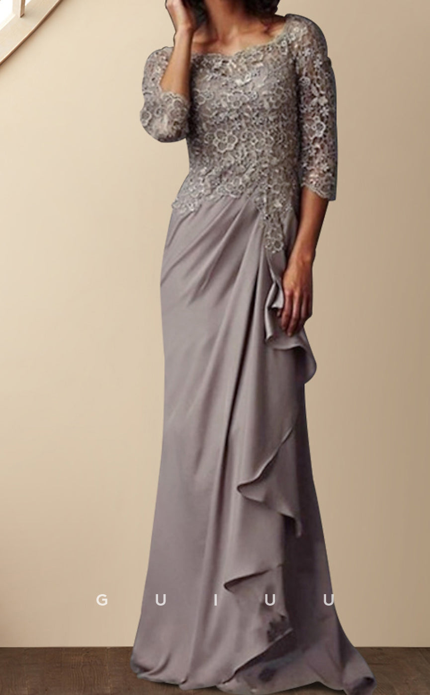 GM005 - Column Scoop Neck 34 Sleeve Appliques Floor Length Chiffon Formal Mother of the Bride Dress with Ruffles