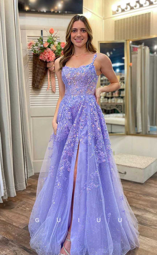 G4484 - Cute & Chic A-Line Purple Tulle Sleeveless Straps Appliques Zipper-Up Shiny Prom Evening Dress with Slit