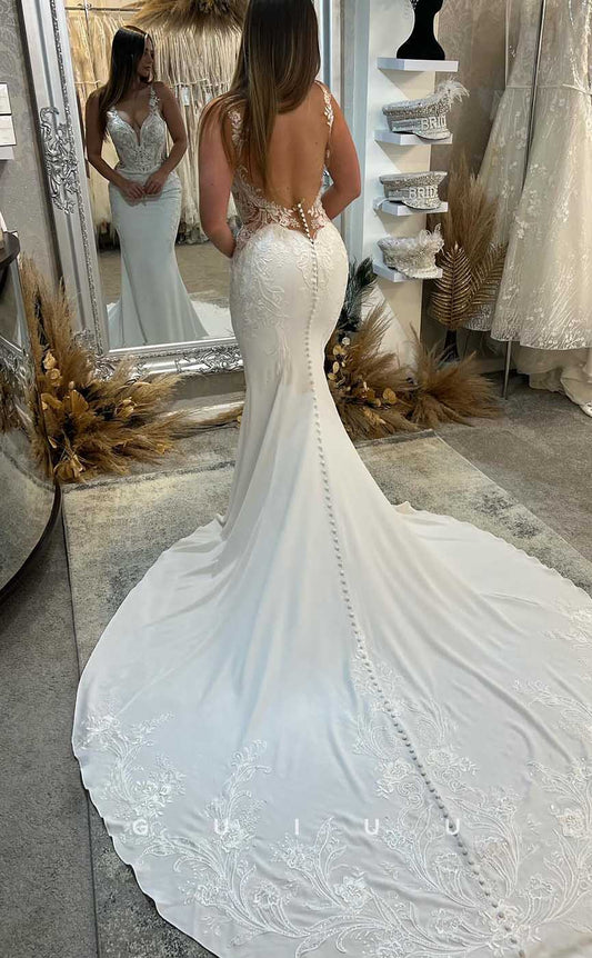 GW861 -  Deep V Neck Straps Buttons Appliques Lace Backless Mermaid Wedding Dress with Slit