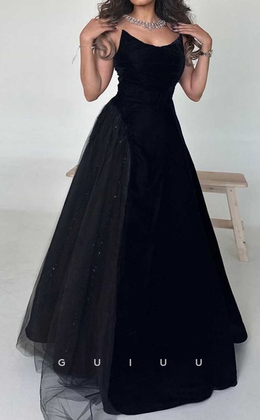 G4552 - Elegant A-Line Boat Neck Sleeveless Black Tulle Prom Party Gown
