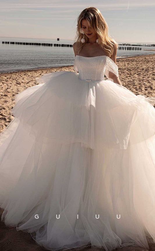 GW899 - Elegant A-Line Off-Shoulder Pearls Tulle Tiered Beach Wedding Dress