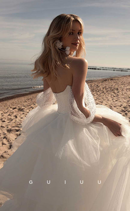 GW899 - Elegant A-Line Off-Shoulder Pearls Tulle Tiered Beach Wedding Dress