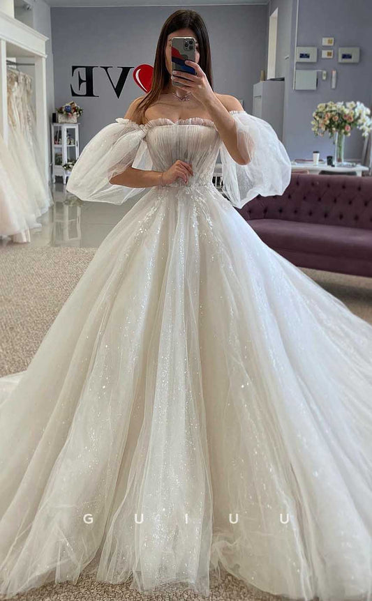 GW820 - Elegant A-Line Off-Shoulder Pleats Appliques Wedding Dress with Court Train