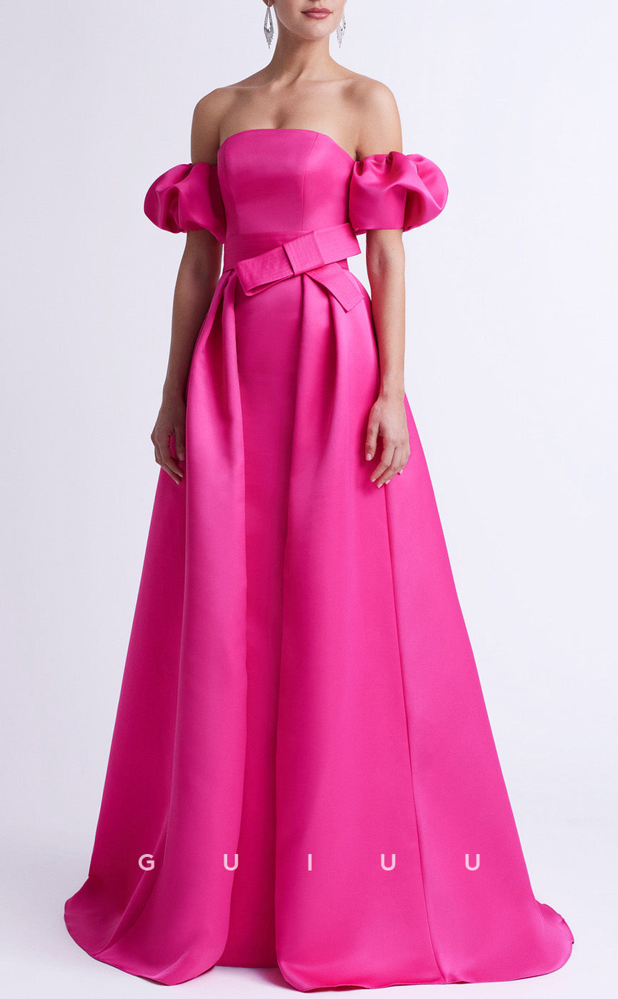 GM288 - Elegant A-Line Off Shoulder Satin Long Cocktail Dress with Train